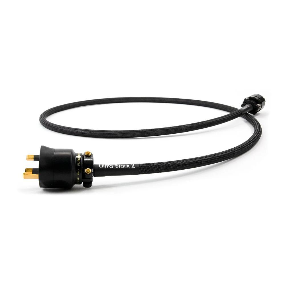 Tellurium Q Ultra Black II power cable coiled neatly with high-grade connectors, highlighting premium build quality.