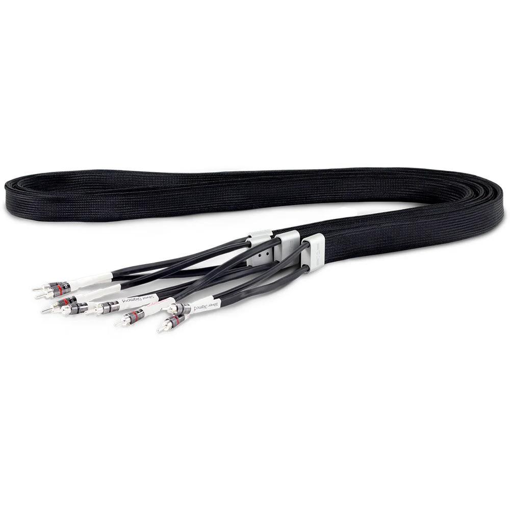 Tellurium Q Silver Diamond speaker cables connected with spade plugs, demonstrating high-end build and finish.