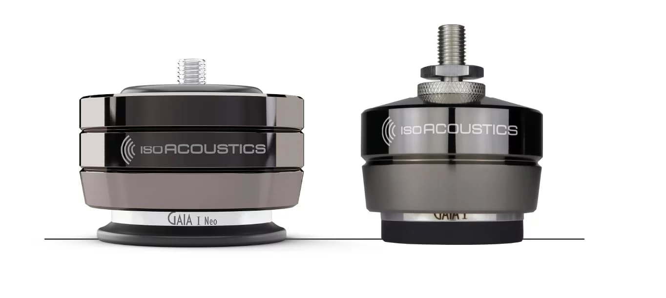 IsoAcoustics GAIA Neo and original GAIA isolation feet side by side for comparison