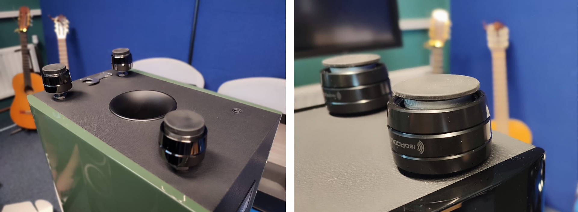 IsoAcoustics GAIA Neo height adjustment ring being rotated by hand with speaker in situ