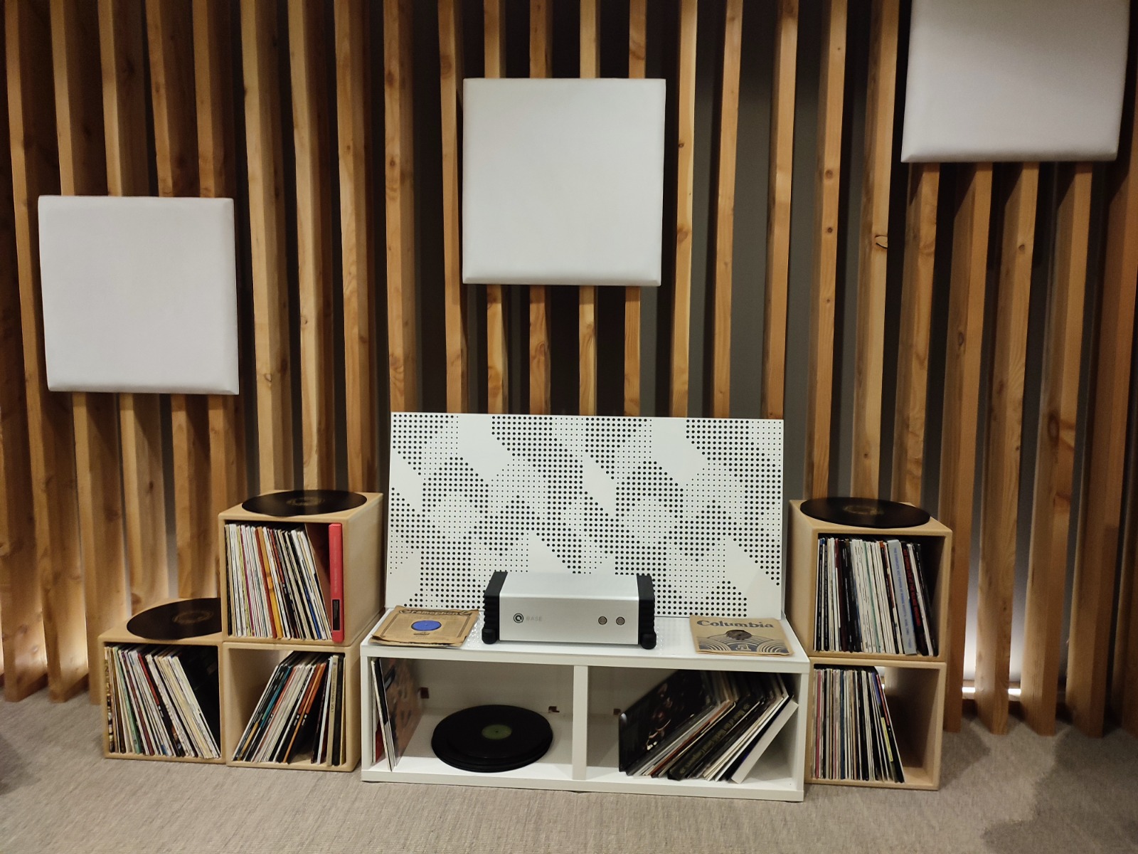 Loud and Clear listening room acoustic panels and ceiling incline