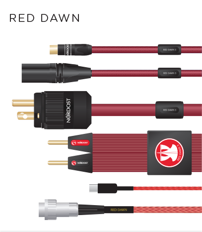 Nordost Red Dawn 3 cable range overview showing power cord, speaker cable, and interconnect