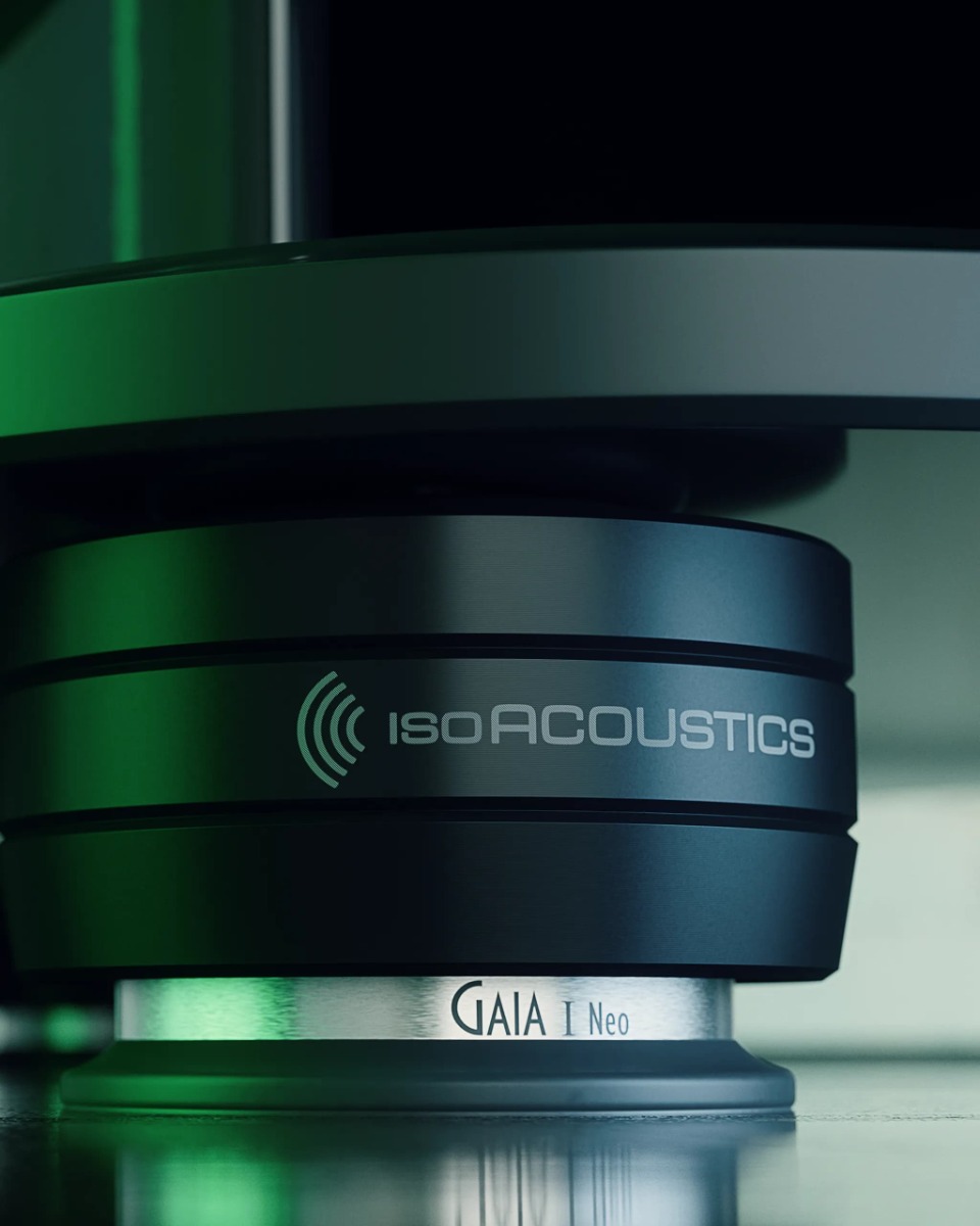 IsoAcoustics GAIA Neo isolation feet close-up showing Sorbothane O-ring and threaded fitting